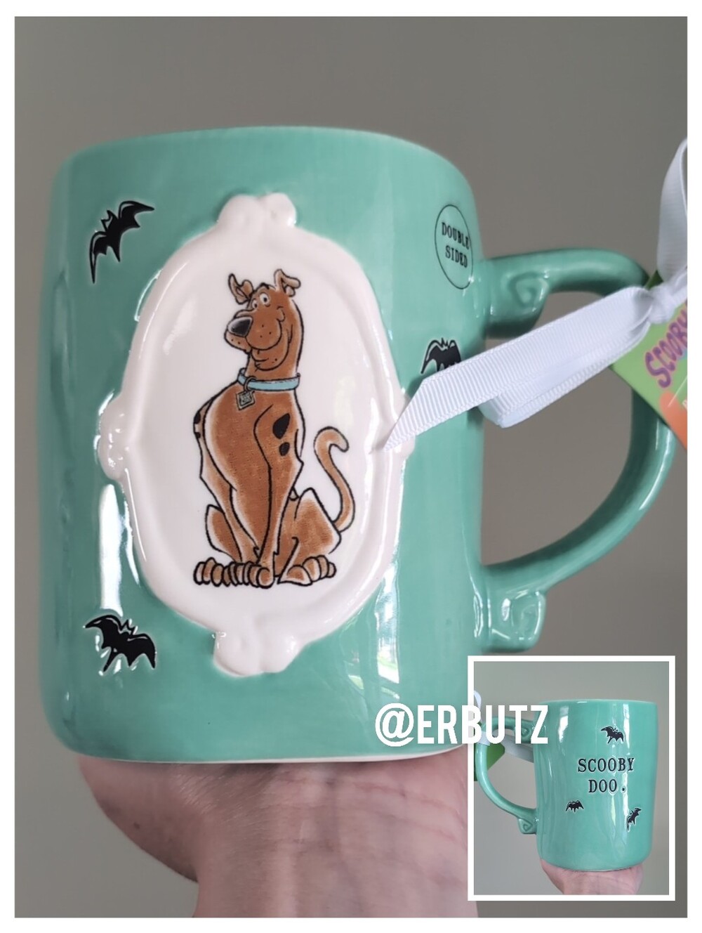 Rae Dunn SCOOBY DOO Ceramic Mug, Mint Green with Bat Graphics & Scroll Design 🦇